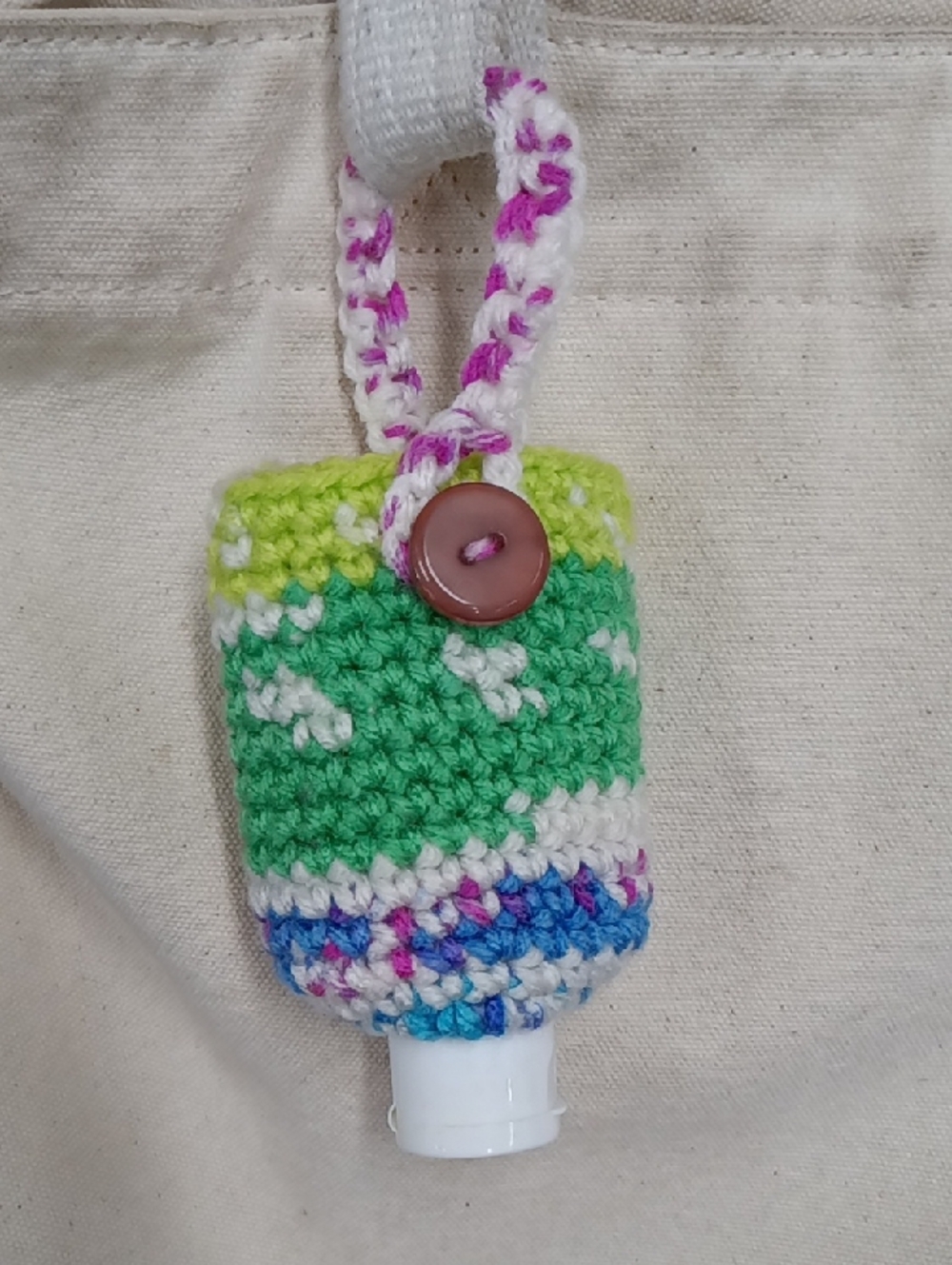 Green Purple And Blue Crochet Hanging Hand Sanitizer Holder